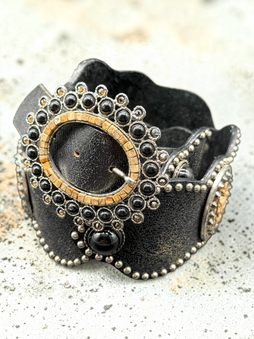 Leatherock 38 XL Black Leather Studded Scallop Western Boho Statement Belt 5934